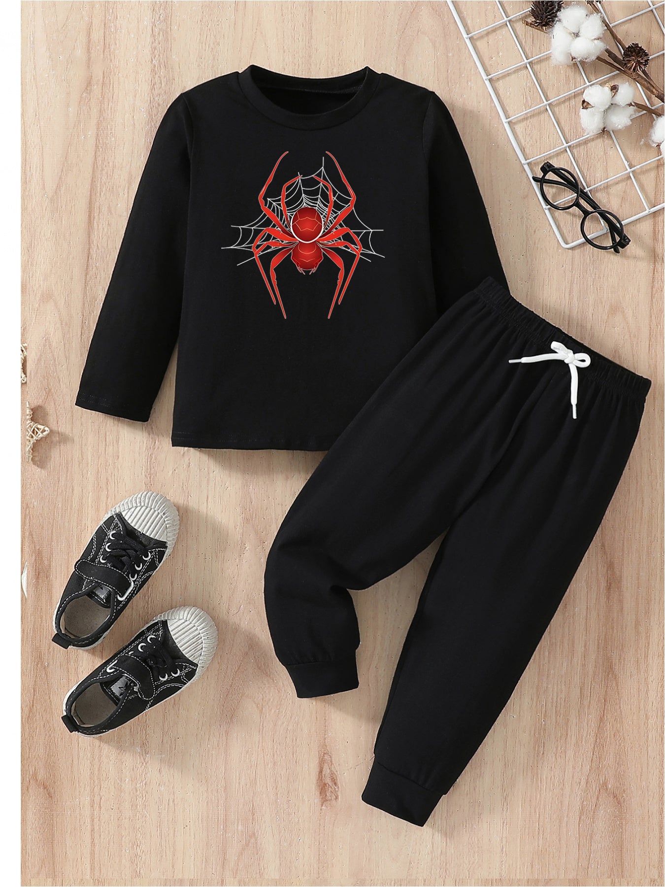 Boys Cotton Spider Print Casual Fall Winter Long Tee & Pants Set