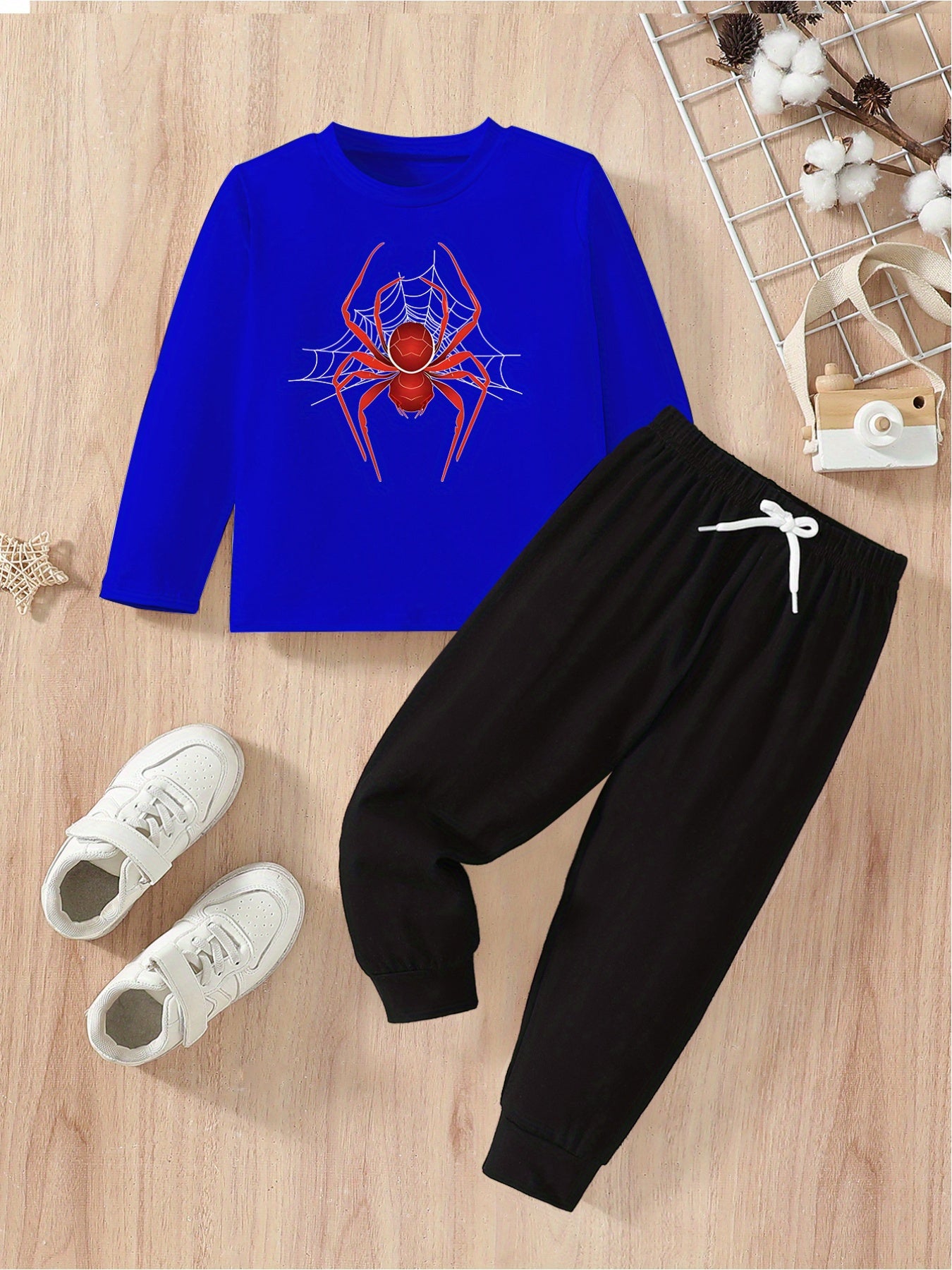 Boys Cotton Spider Print Casual Fall Winter Long Tee & Pants Set