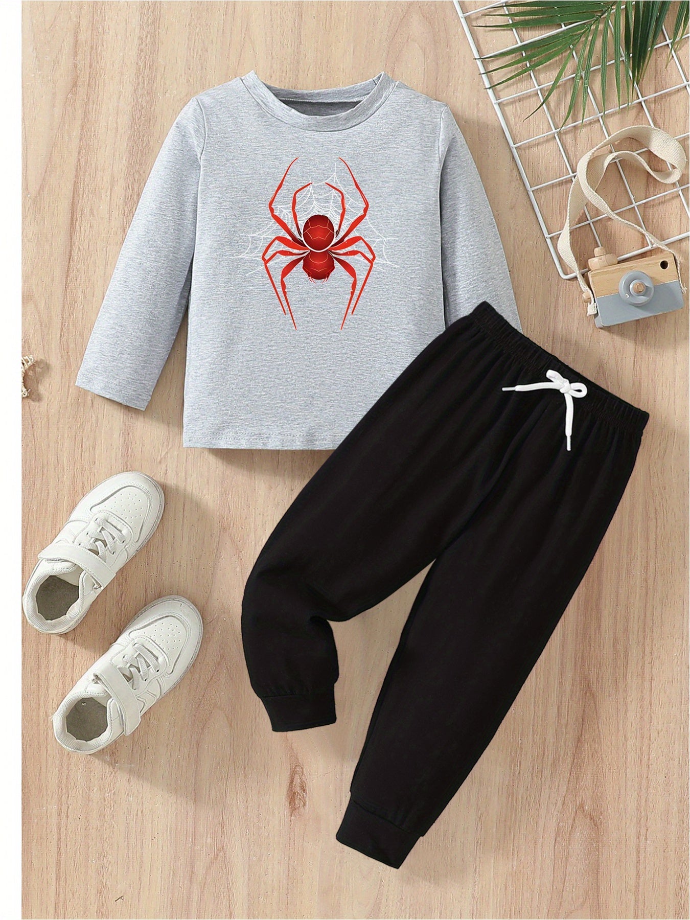 Boys Cotton Spider Print Casual Fall Winter Long Tee & Pants Set