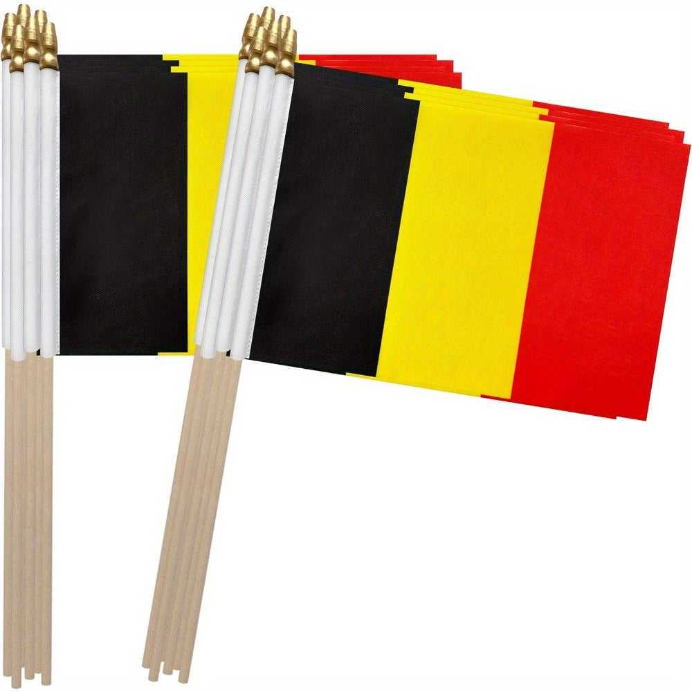 Set of 12 Small Belgian Polyester Flags on Wooden Poles, 12.7x20.3 cm