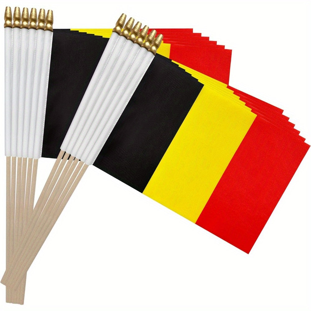Set of 12 Small Belgian Polyester Flags on Wooden Poles, 12.7x20.3 cm