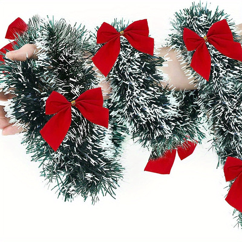 Extra Long 78.74in/200cm Garland - Heavy-Duty PET (Polyethylene Terephthalate) Christmas Garland with Elegant Deep Green, Red Bows & Black Beads - Indoor/Outdoor Hanging Decoration for Stairs, Banisters, Doors, Walls - Weddin