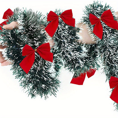 Extra Long 78.74in/200cm Garland - Heavy-Duty PET (Polyethylene Terephthalate) Christmas Garland with Elegant Deep Green, Red Bows & Black Beads - Indoor/Outdoor Hanging Decoration for Stairs, Banisters, Doors, Walls - Weddin
