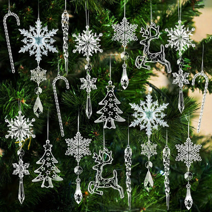 18pcs Festive PVC Acrylic Crystal Christmas Ornaments Set - Snowflakes, Reindeer, Icicles Hanging Decorations for Xmas Tree, Holiday Window, New Year Party Decor, DIY Handmade Materials