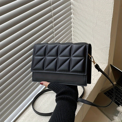 Black Minimalist Mini Square Shoulder Bag, All Matching Argyle Pattern Flap Crossbody Bag