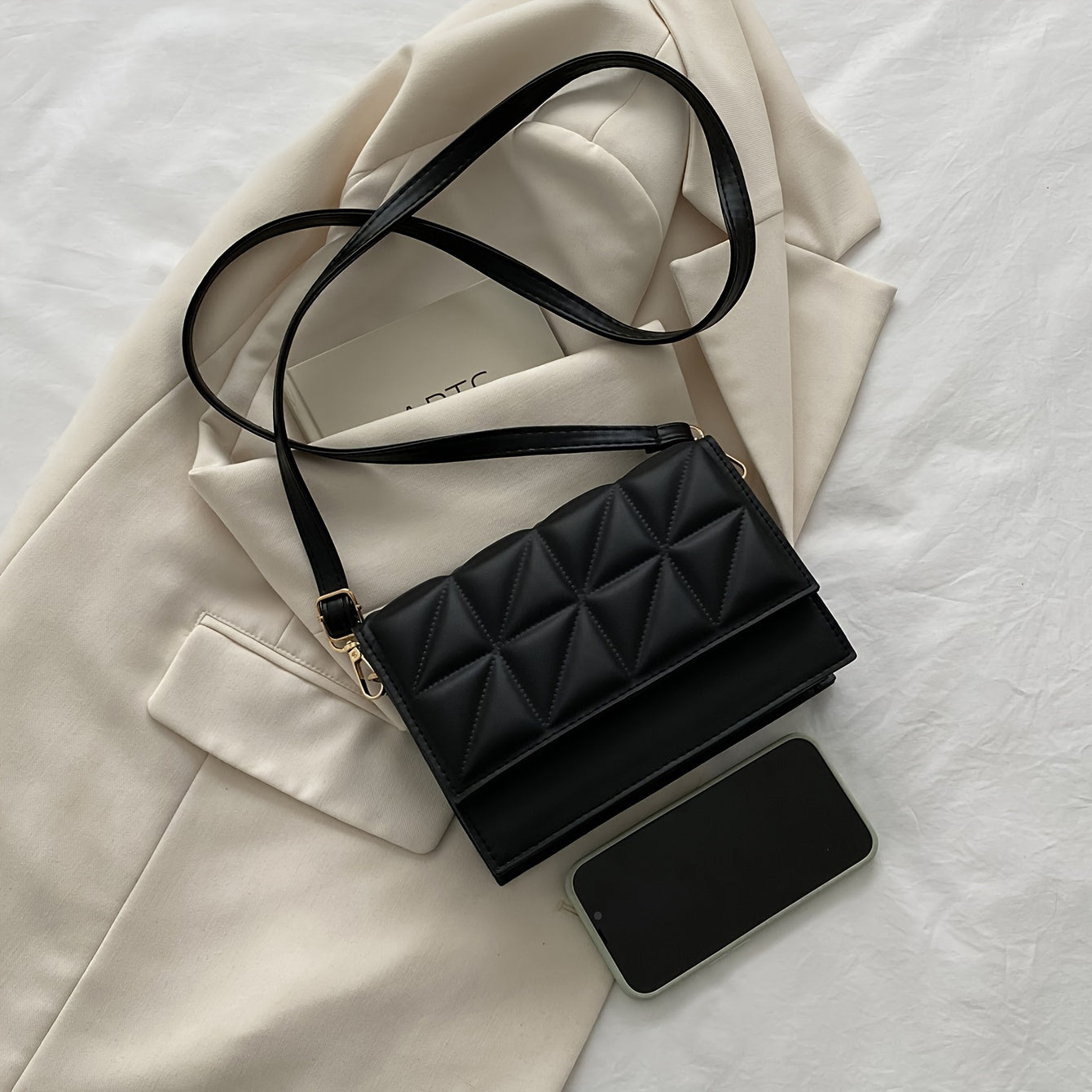Black Minimalist Mini Square Shoulder Bag, All Matching Argyle Pattern Flap Crossbody Bag