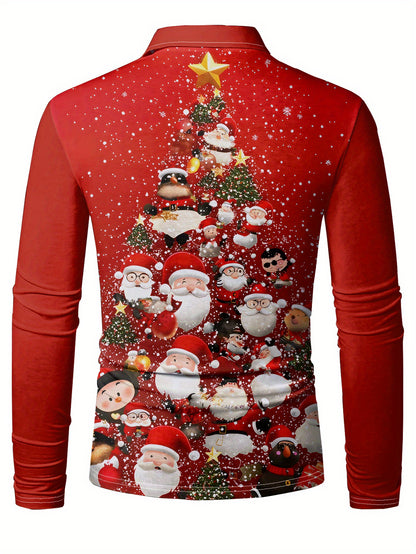 Men's Christmas Santa Claus Tree Shirt - Long Sleeve Button-Up Holiday Party Outfit with Santa Faces - Machine Washable Red Christmas Attire for Office, Home, and Gifts - Festive Casual Tops for Adults, Christmas Garland, Sea