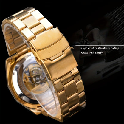 Stylish Men's Automatic Mechanical Watch - Stainless Steel Case & Band, Classic Double Hollow Design, Perfect Gift