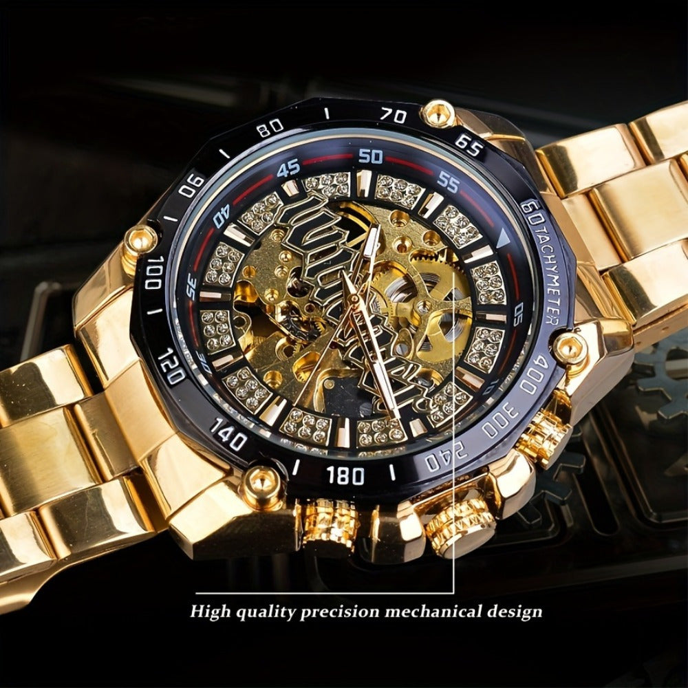 Stylish Men's Automatic Mechanical Watch - Stainless Steel Case & Band, Classic Double Hollow Design, Perfect Gift