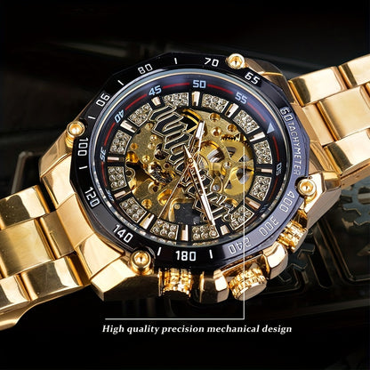 Stylish Men's Automatic Mechanical Watch - Stainless Steel Case & Band, Classic Double Hollow Design, Perfect Gift