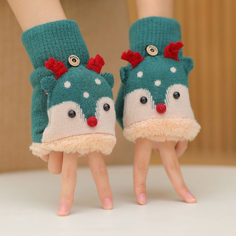 Women's Christmas Reindeer Flip-Over Gloves - Thick Warm Winter Gloves with Festive Snowflake & Reindeer Design, Non-Elastic for Indoor/Outdoor Use, Hand Wash/Dry Clean, Holiday Outdoor Wear, Warm Fabric