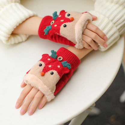 Women's Christmas Reindeer Flip-Over Gloves - Thick Warm Winter Gloves with Festive Snowflake & Reindeer Design, Non-Elastic for Indoor/Outdoor Use, Hand Wash/Dry Clean, Holiday Outdoor Wear, Warm Fabric