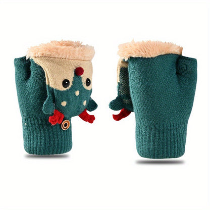 Women's Christmas Reindeer Flip-Over Gloves - Thick Warm Winter Gloves with Festive Snowflake & Reindeer Design, Non-Elastic for Indoor/Outdoor Use, Hand Wash/Dry Clean, Holiday Outdoor Wear, Warm Fabric