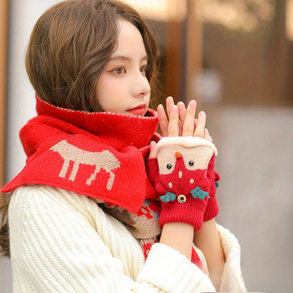 Women's Christmas Reindeer Flip-Over Gloves - Thick Warm Winter Gloves with Festive Snowflake & Reindeer Design, Non-Elastic for Indoor/Outdoor Use, Hand Wash/Dry Clean, Holiday Outdoor Wear, Warm Fabric