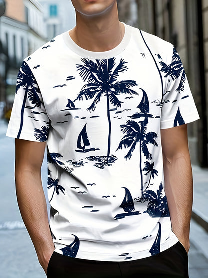 Men'S Quick-Dry Tropical Palm Tree Print T-Shirt - Breathable Round Neck Casual Tee for Summer, Outdoor  Daily Wear, Lightweight  Comfortable Fit, Outdoor Tshirt   Tropical Print Shirt   Comfortable Fit