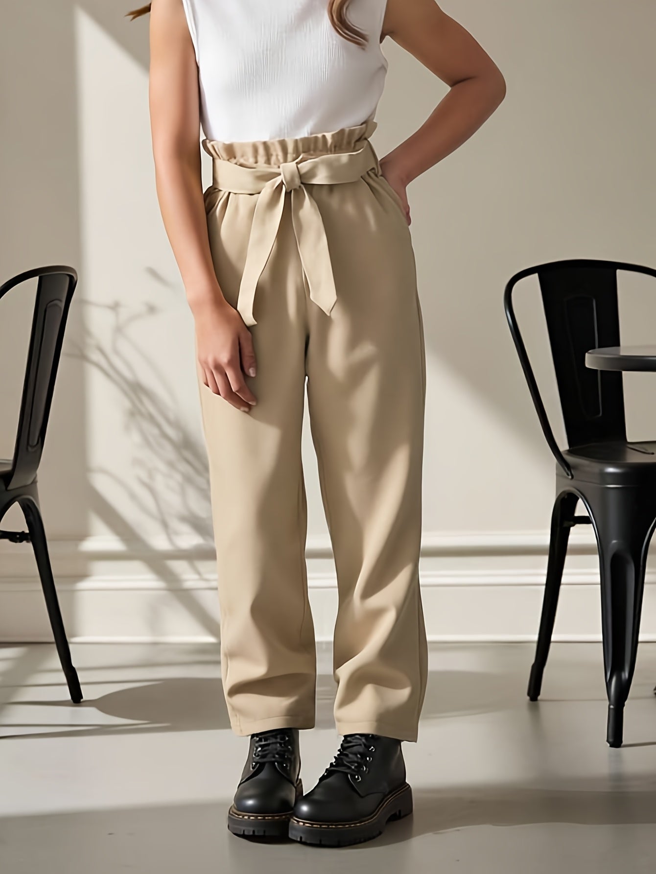Girls' Casual Straight Leg Belted Pants in Solid Color