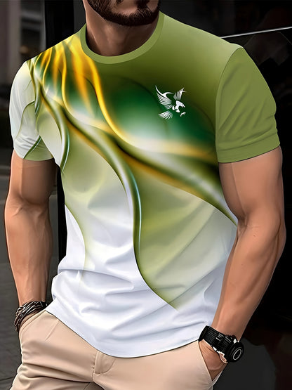 Men'S Round Neck T-Shirt with a Simple Multicolored Bird Pattern Print in Trendy Style.