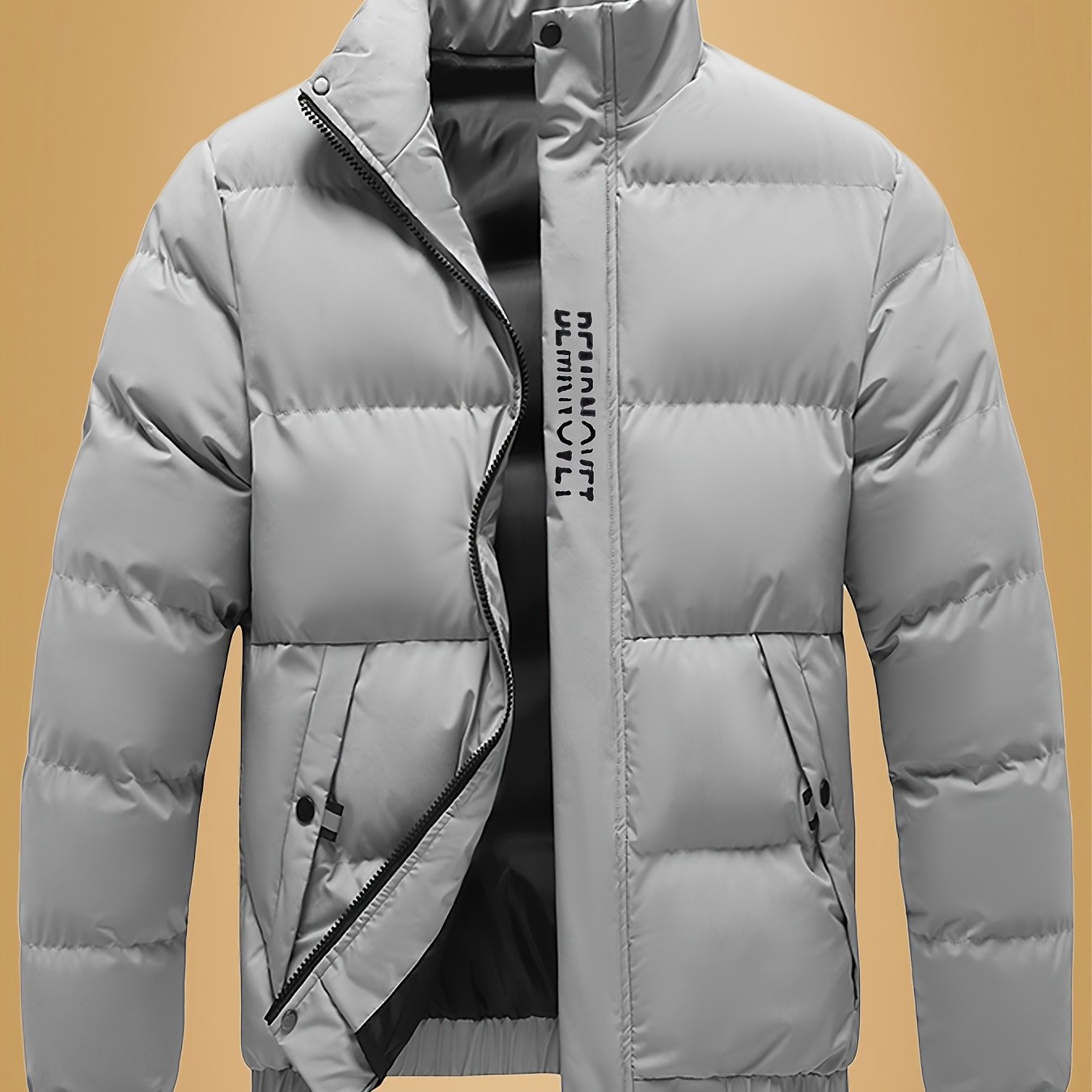 Men's Heavy-Duty Thermal Jacket - Winter Outerwear with Stand Collar & Full-Length Zipper Closure, Black/White Coat with Lettering - Machine Washable Cold Weather Jacket for Men (Casual & Formal) - Ideal for Skiing, Snowboard