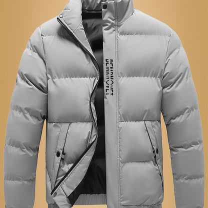 Men's Heavy-Duty Thermal Jacket - Winter Outerwear with Stand Collar & Full-Length Zipper Closure, Black/White Coat with Lettering - Machine Washable Cold Weather Jacket for Men (Casual & Formal) - Ideal for Skiing, Snowboard