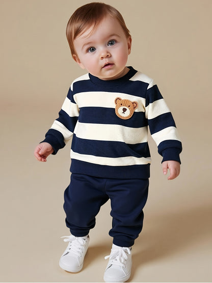 Baby Boy Fall Winter Striped Velvet Sweatshirt and Pants Set - ayq