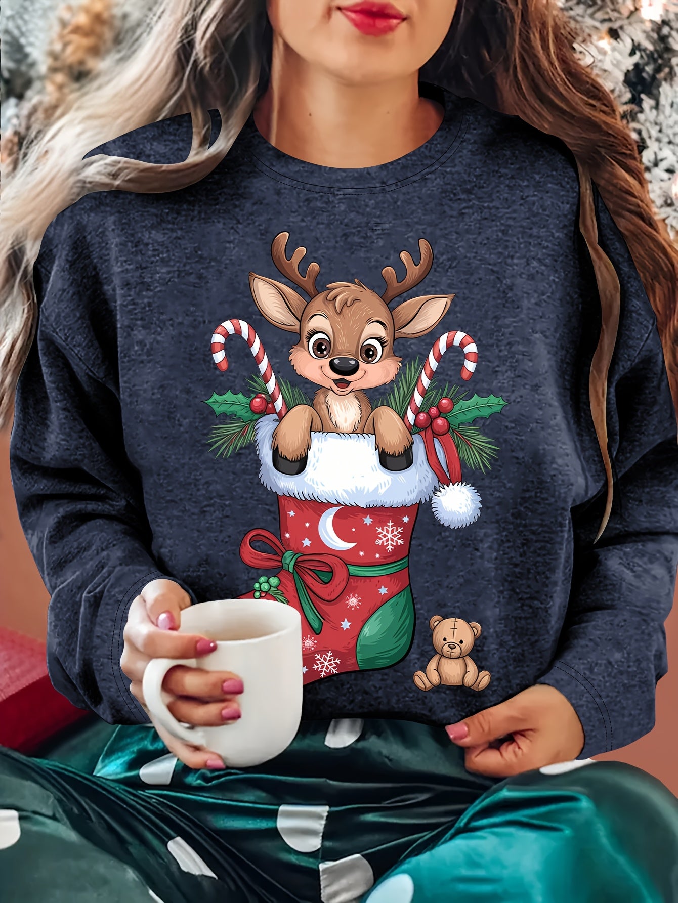 Women'S Christmas Sweater - Soft Pink Holiday Party Top with Deer in Santa Hat & Candy Cane Graphic, Cozy Long Sleeve Shirt for Christmas, New Year'S Eve, Everyday Winter Outfits - Sizes S-XXL (Extended Sizes Available) - Non