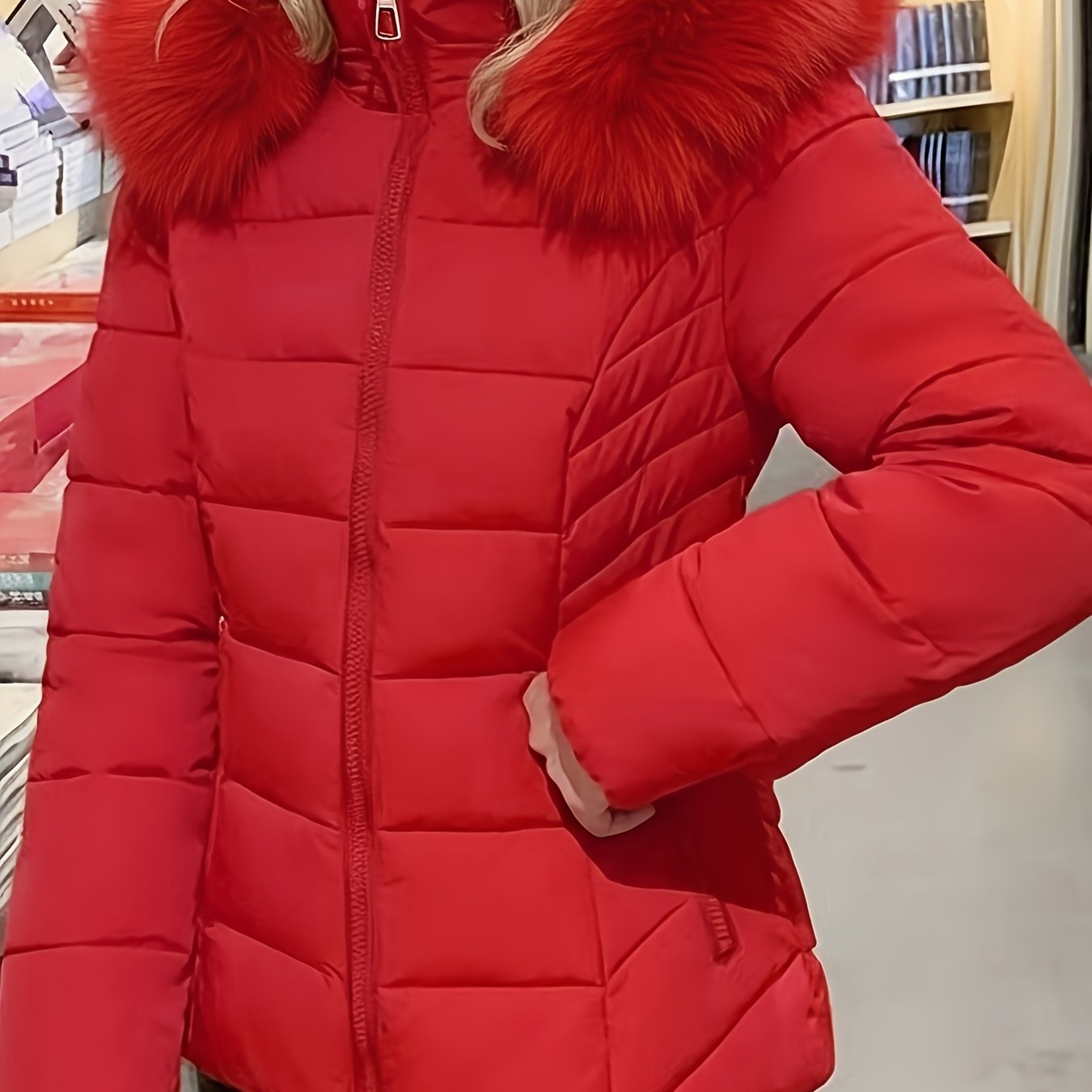 Women'S Red Winter Hooded Jacket with Plush Faux Fur Trim - Cozy Long Sleeve Zip-Up Coat, Slim Fit Casual Outerwear, Side Pockets, Warm & Stylish for Fall/Winter, Winter Jacket, Fall Fashion, Elegant Design, Soft Texture, Fas