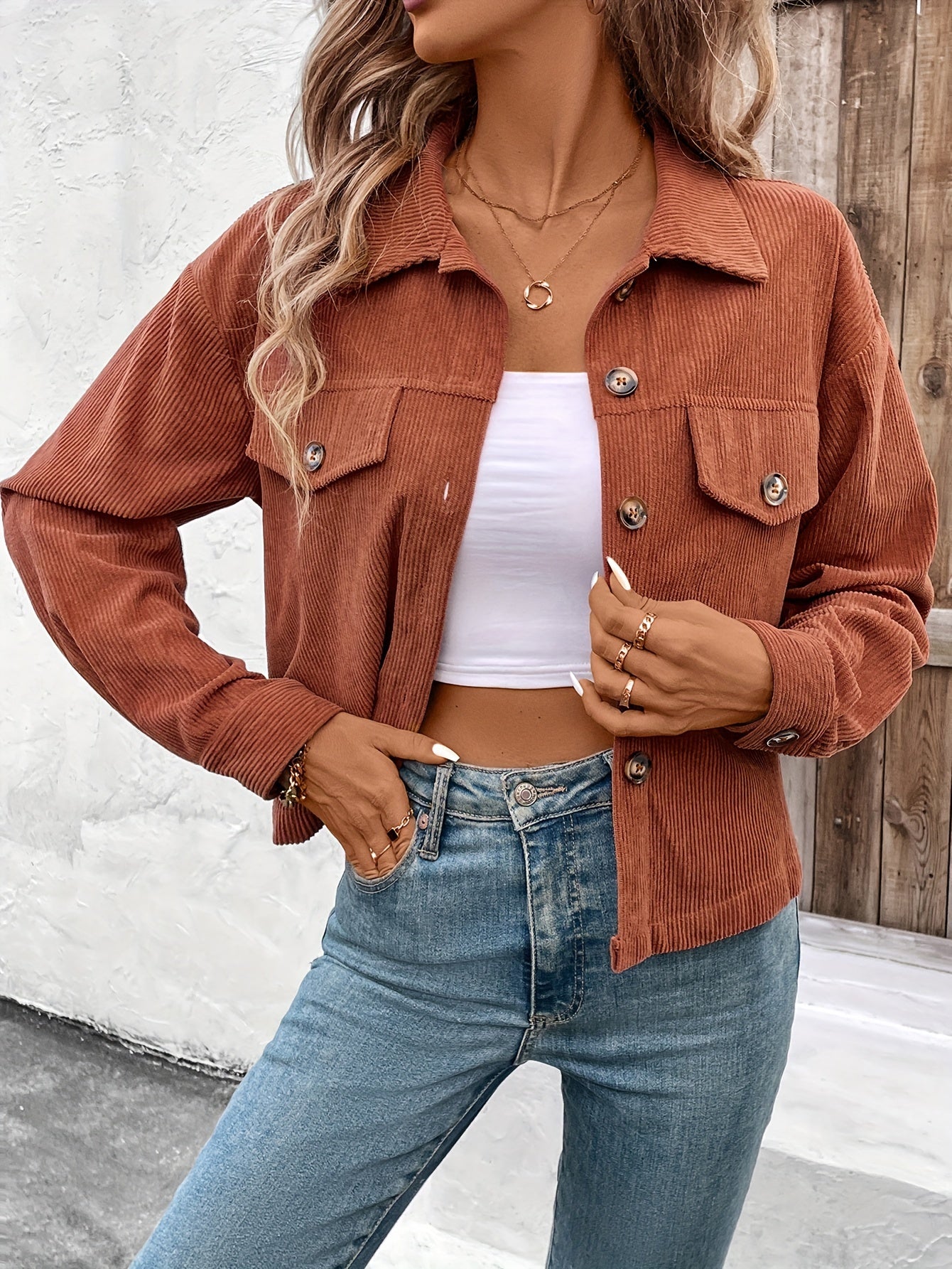 Women'S Elegant Pink Button-Up Jacket with Flap Pockets - Casual Fall Outerwear, Long Sleeve, Button Detail, Polyester Blend, Machine Washable, Casual Outerwear | Buttonup Jacket | Polyester Blend Jacket