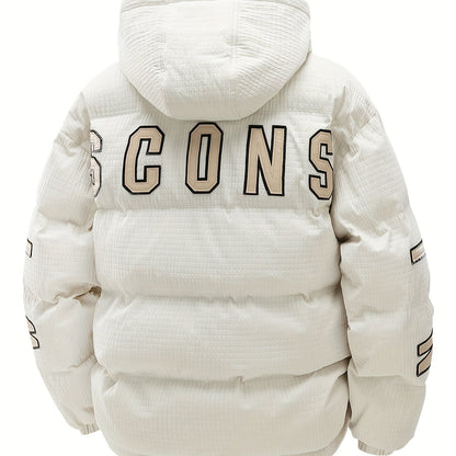 789 Men'S Stylish Thickened Winter Hooded Coat - Warm Fleece-Lined Jacket with "CONS" Letter Design, Loose Fit, White, Casual Winter Outerwear, Winter Jacket