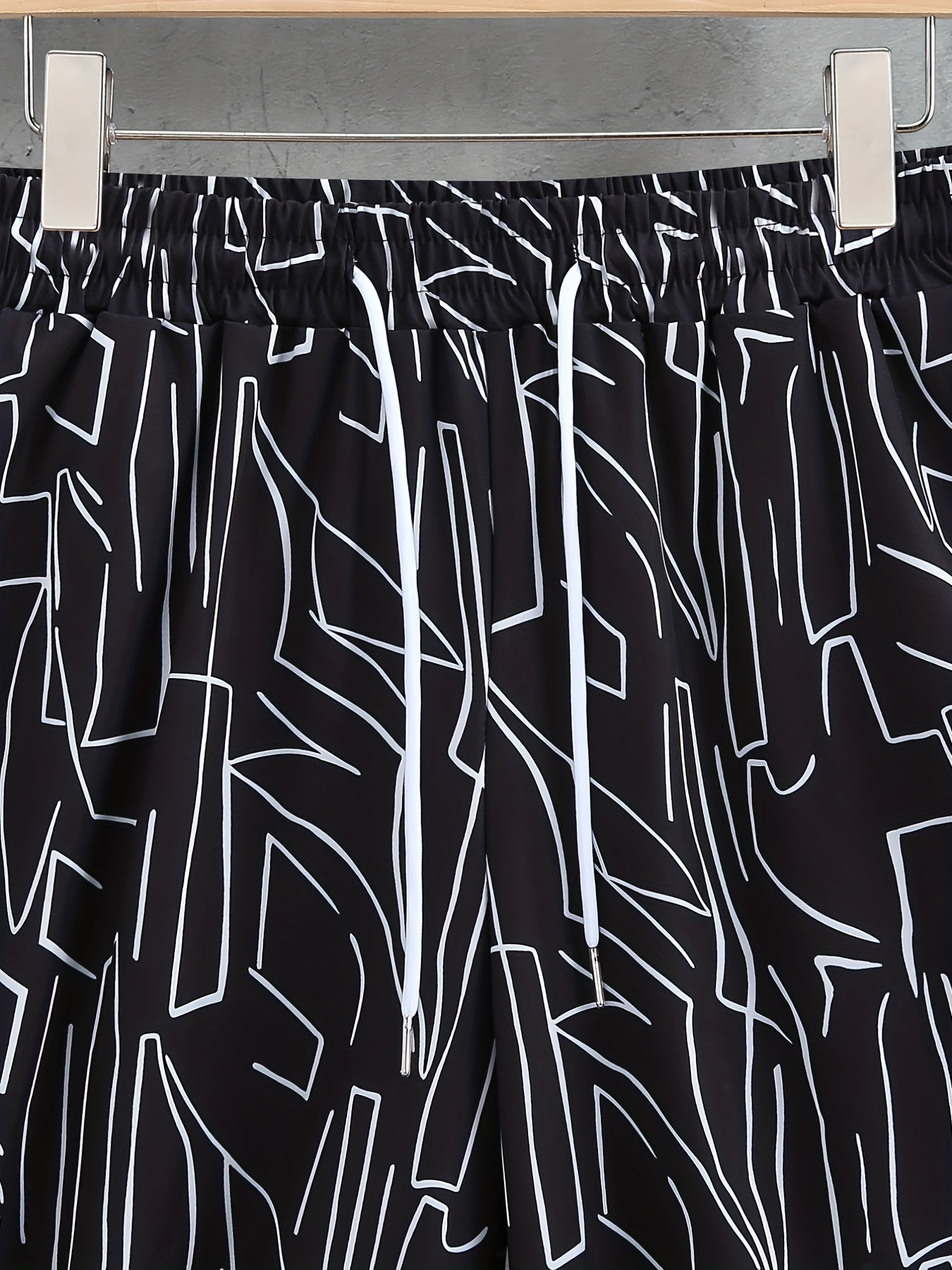 Men'S Summer Casual Short Sleeve Shirt and Shorts Set, Geometric Pattern, Square Neck, Regular Fit, 100% Polyester, Woven Fabric, 120g/m² - Black