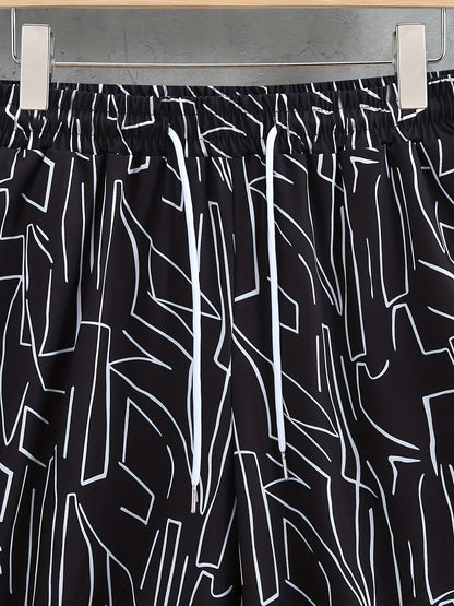 Men'S Summer Casual Short Sleeve Shirt and Shorts Set, Geometric Pattern, Square Neck, Regular Fit, 100% Polyester, Woven Fabric, 120g/m² - Black