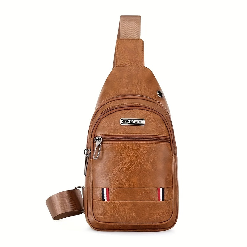 Men'S Vintage Faux Leather Chest Bag - Crossbody Sling Style, Multi-Layer Zippered Front, Brown with Red  White Stripes, Perfect for Casual Outings, Crossbody Bag, Secure Zipper Closure