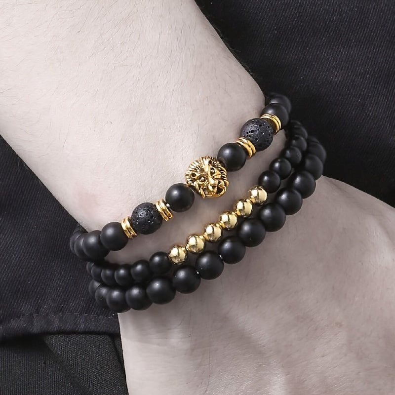 3pcs Retro Punk Style Lion Head Bracelets, Men's Stretchy Beaded Bracelets Set