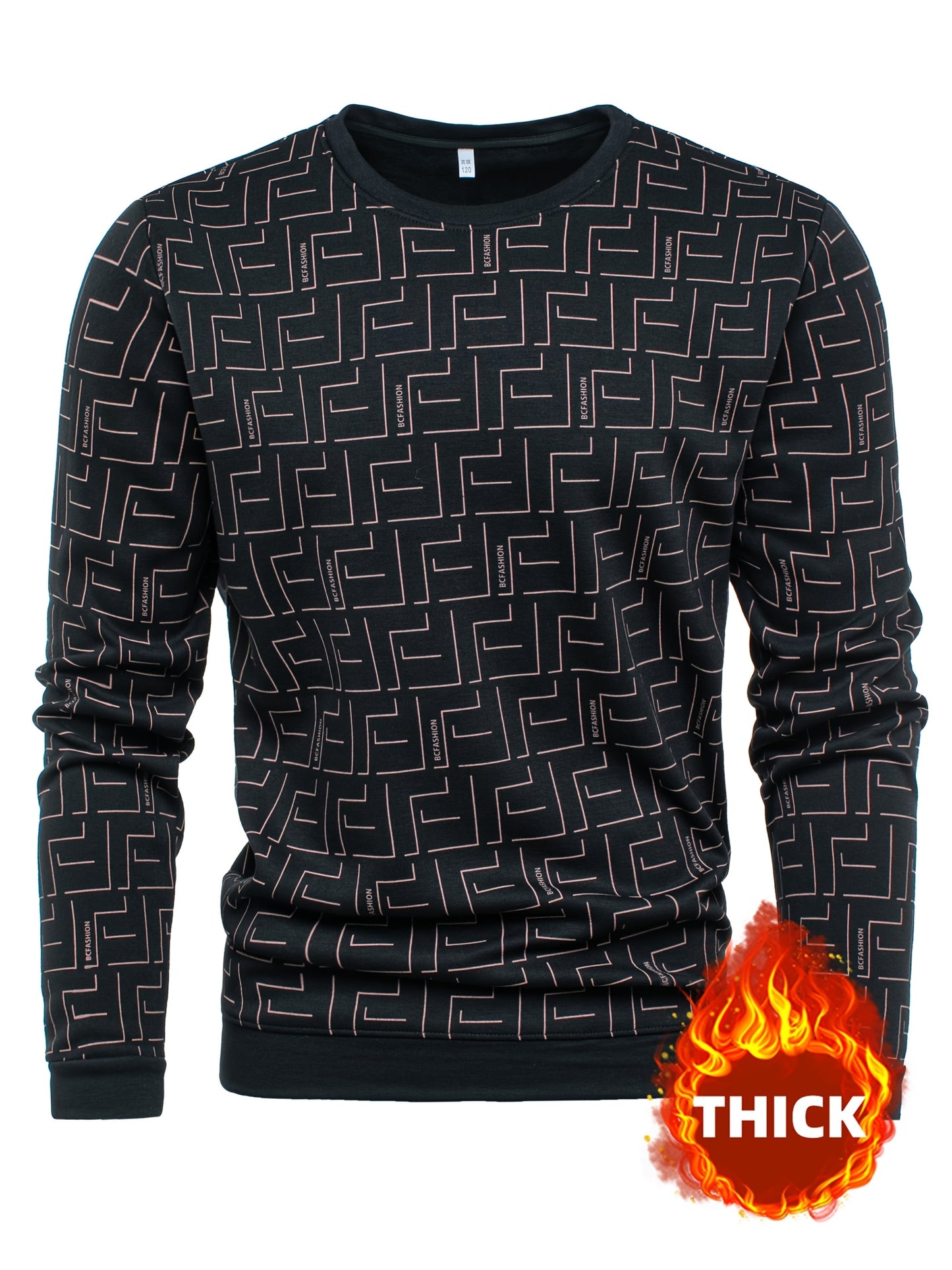 New Autumn And Winter Men'S Long-Sleeve Fleece Sweatshirt, Featuring a Geometric Pattern Design, Warm And Soft Stylish Round-Neck Sweatshirt, a Perfect Gift for Men to Keep Warm