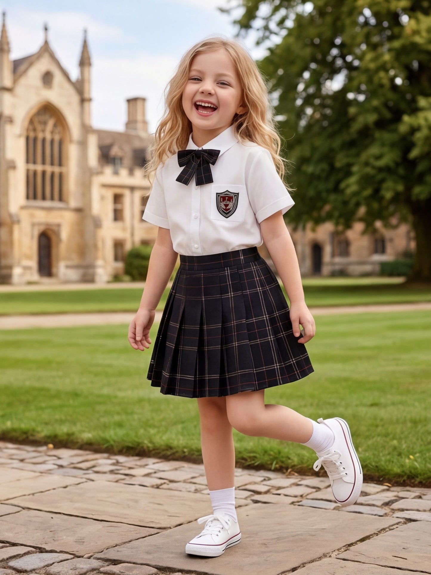 Girls' Preppy JK Style Plaid Set with Bow Tie & Pleated Skirt