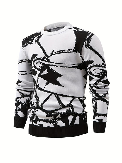 Temujin OBM Men's Fashion New Starry Sky Jacquard Contrast Knit Long Sleeve Pullover Sweater
