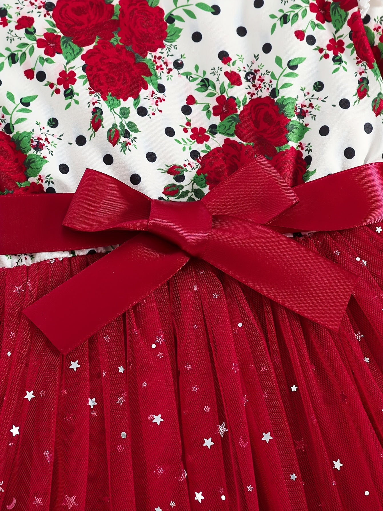 COVIVIKY Girls' Elegant Long Sleeve Party Dress with Puff Skirt & Sheer Panel - Knee-Length A-Line Wedding Prom Dress, Belted Waist Bow & Netting Trim, Hand Washable Winter Formal Gown for Girls (Age 4-12)