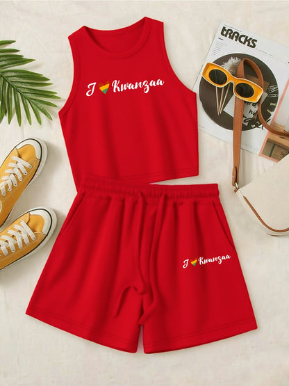 Women's Casual Two-Piece Vest and Shorts Set with Drawstring