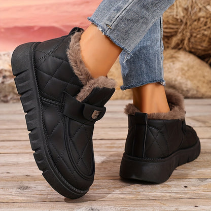 Autumn Winter Plush Lined Thick Warm Snow Boots, Versatile Outdoor Slip-On with Block Heel, Comfortable Round Toe for Casual Daily Use and Cold Weather Hiking