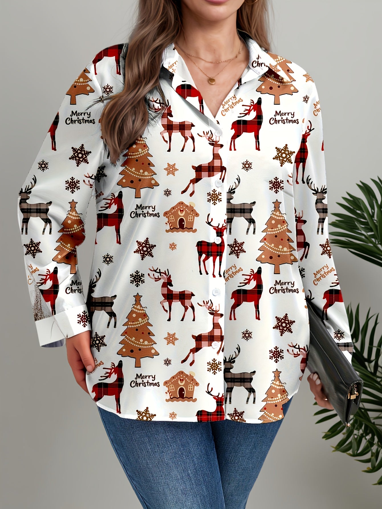 Plus Size, Women's Plus Size Winter Deer & Moose Print Blouse - Long Sleeve Christmas Party Shirt with Collar & Button Front, Red & Black Nordic Winter Pattern, Machine Washable Elegant Casual Holiday Outfits for Christmas &