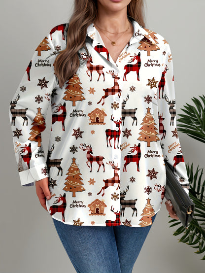 Plus Size, Women's Plus Size Winter Deer & Moose Print Blouse - Long Sleeve Christmas Party Shirt with Collar & Button Front, Red & Black Nordic Winter Pattern, Machine Washable Elegant Casual Holiday Outfits for Christmas &
