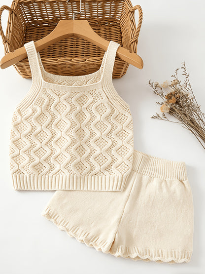 Baby Girl Cotton Knit Sleeveless Suspender Top & Shorts Set