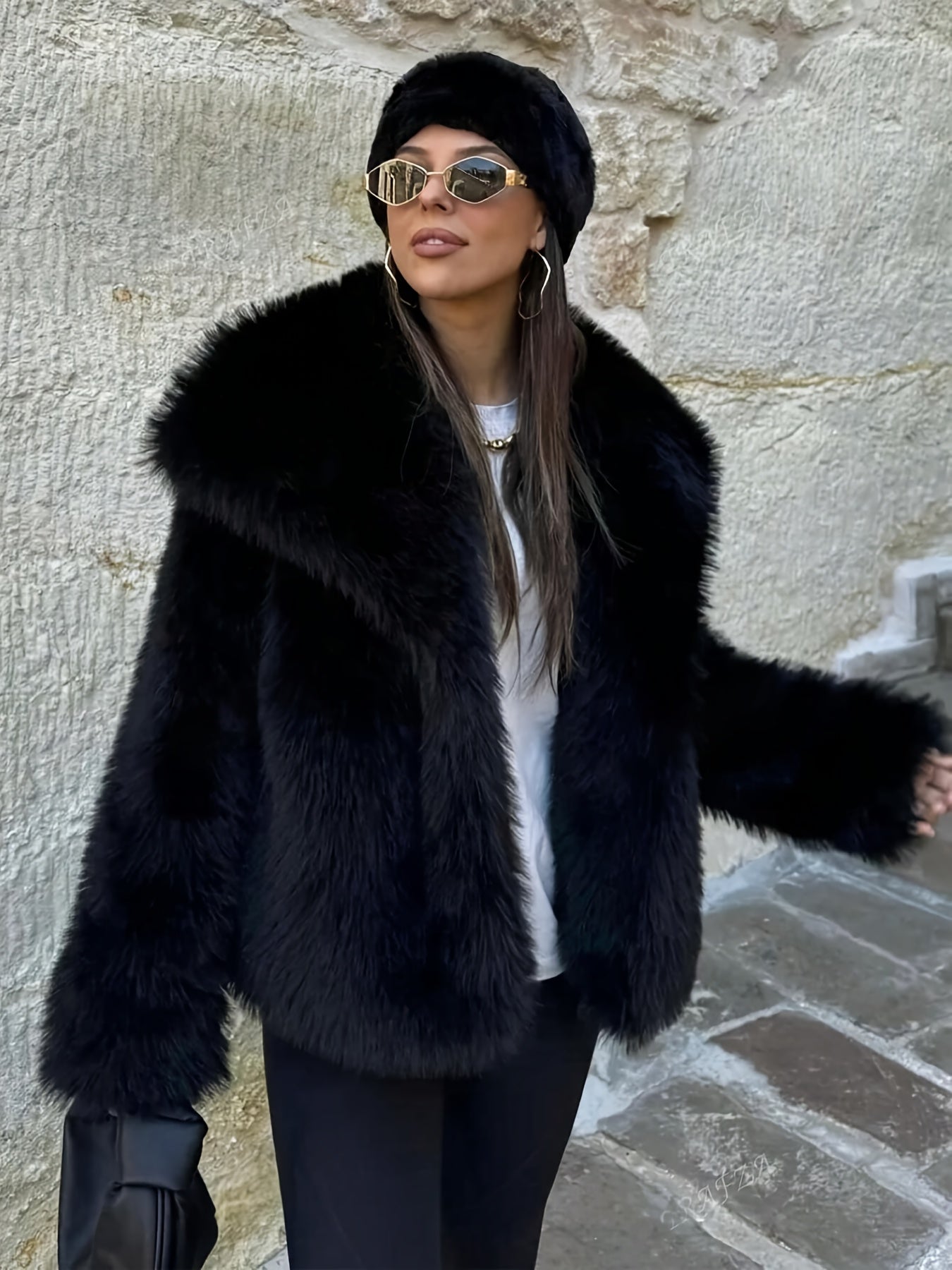 Women's Elegant Luxury Faux Fur Coat - Winter Warm Solid Black Outerwear with Plush Fur Collar, Machine Washable Winter Coat for Fall & Winter, Casual to Formal Events, Faux Fur Jacket for Women, Chic and Sophisticated Design