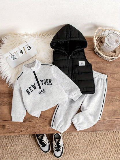 Boys' 3-Piece Fall/Winter Casual Set with Hooded Vest & Letter Print