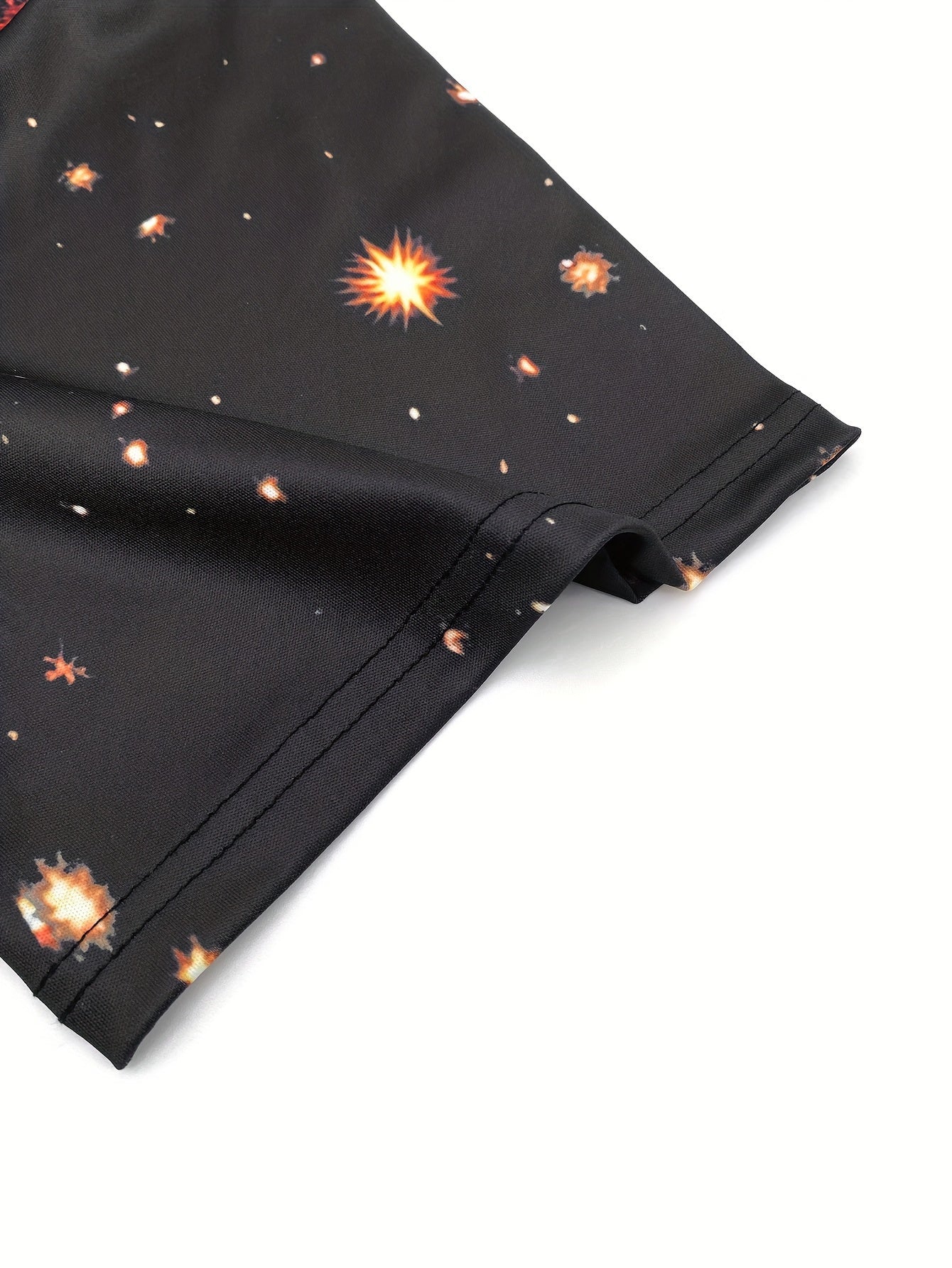 Men's Black & Golden Glittering Fireworks Print Tuxedo-like Party Shirt - 100% Polyester Knit, Slightly Stretchy Round Neck Short Sleeve, Plus Size Available - Machine Washable Holiday Party Outfit for New Year's Eve, Christm