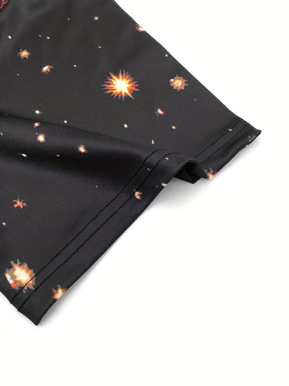 Men's Black & Golden Glittering Fireworks Print Tuxedo-like Party Shirt - 100% Polyester Knit, Slightly Stretchy Round Neck Short Sleeve, Plus Size Available - Machine Washable Holiday Party Outfit for New Year's Eve, Christm