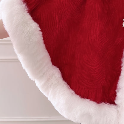 Festive Shawl Wrap with Faux Fur Trim and Pearl Accents - 100% Polyester Christmas Poncho Cape for Party and Wedding, Warm Decorative Inelastic Shawl for Winter, Hand Washable