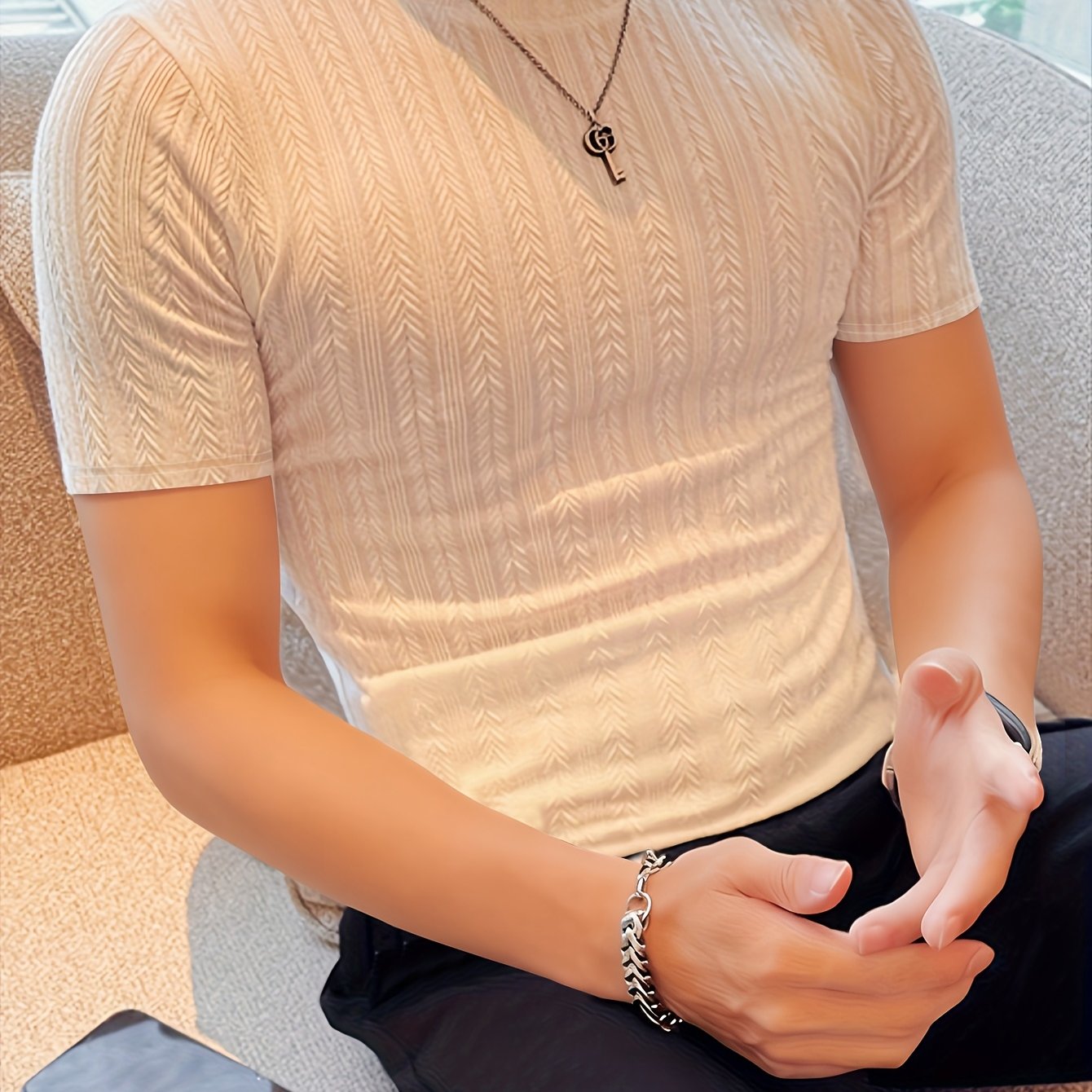 Men'S Short Sleeve Jacquard T-Shirt | Fashionable Autumn- Casual Top, Crew Neck, Slight Stretch Fabric, Solid Color, Skinny Fit - ayq