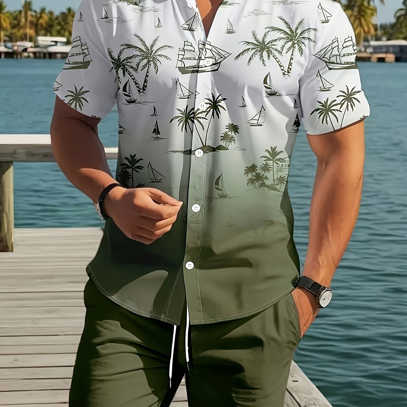 Men's 3D Printed Lapel Casual Shirt and Shorts Set