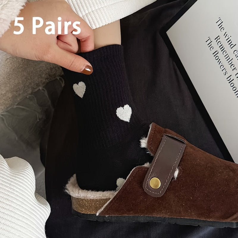 Women's 5 Pairs Mid-Calf Heart Pattern Socks, Soft Polyester