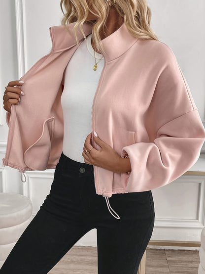 Women's Elegant Black Stand Collar Jacket with Full-Zip Closure - All-Season Casual to Semi-Formal Outerwear, Machine Washable Zippered Coat for Fall Winter Layering, Versatile Work to Semi-Formal Outfits